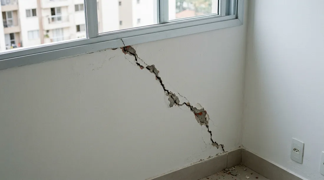 Trinca diagonal na parede de um apartamento, saindo do canto da janela